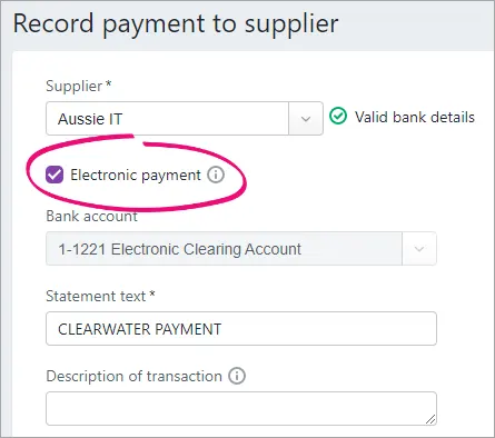 Record payment to supplier screen with electronic paymenbt option selected and highlighted