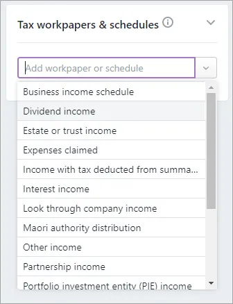 The Add workpaper or schedule drop-down expanded with the options displayed