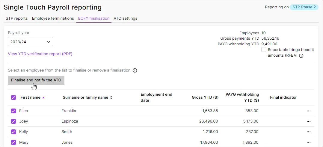 Example STP reporting centre with mouse pointer on finalisation button