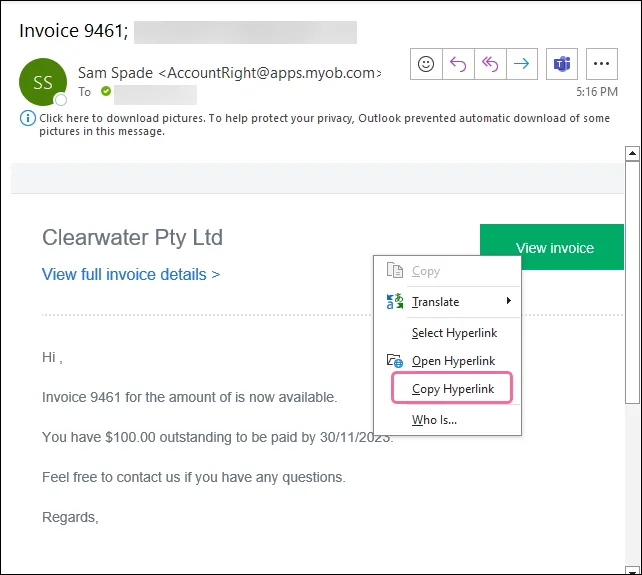 Copy the hyperlink behing the View invoice button