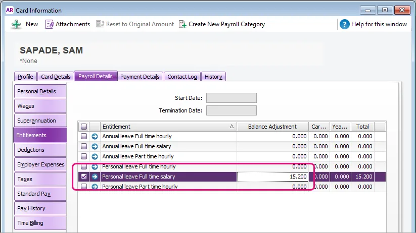 Example employee card with opening personal leave balance highlighted