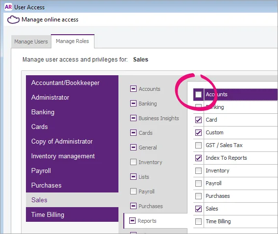 Deselect the Accounts reports role