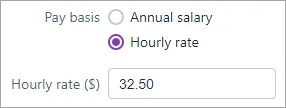 Example pay basis set to hourly with hourly rate field shown