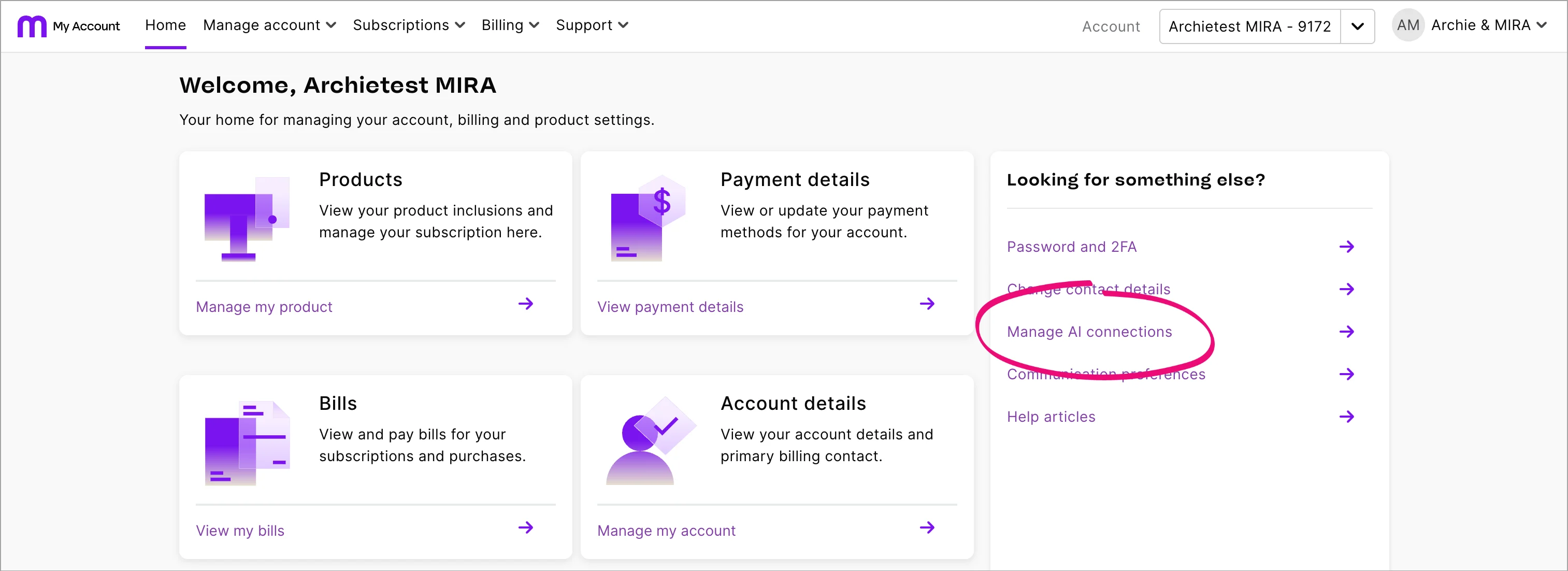 Example My Account home page with manage AI connections highlighted
