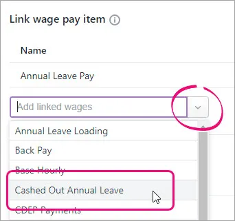 Arrow clicked and cashed out annual leave pay item highlighted