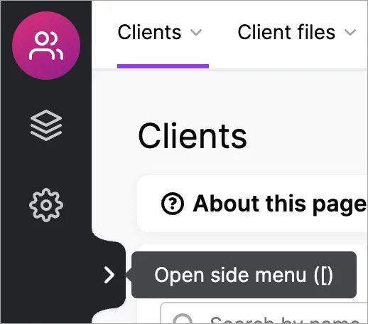 Open side menu option on the left of MYOB Practice