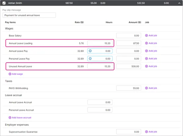 Example payment of unused annual leave with amounts highlighted