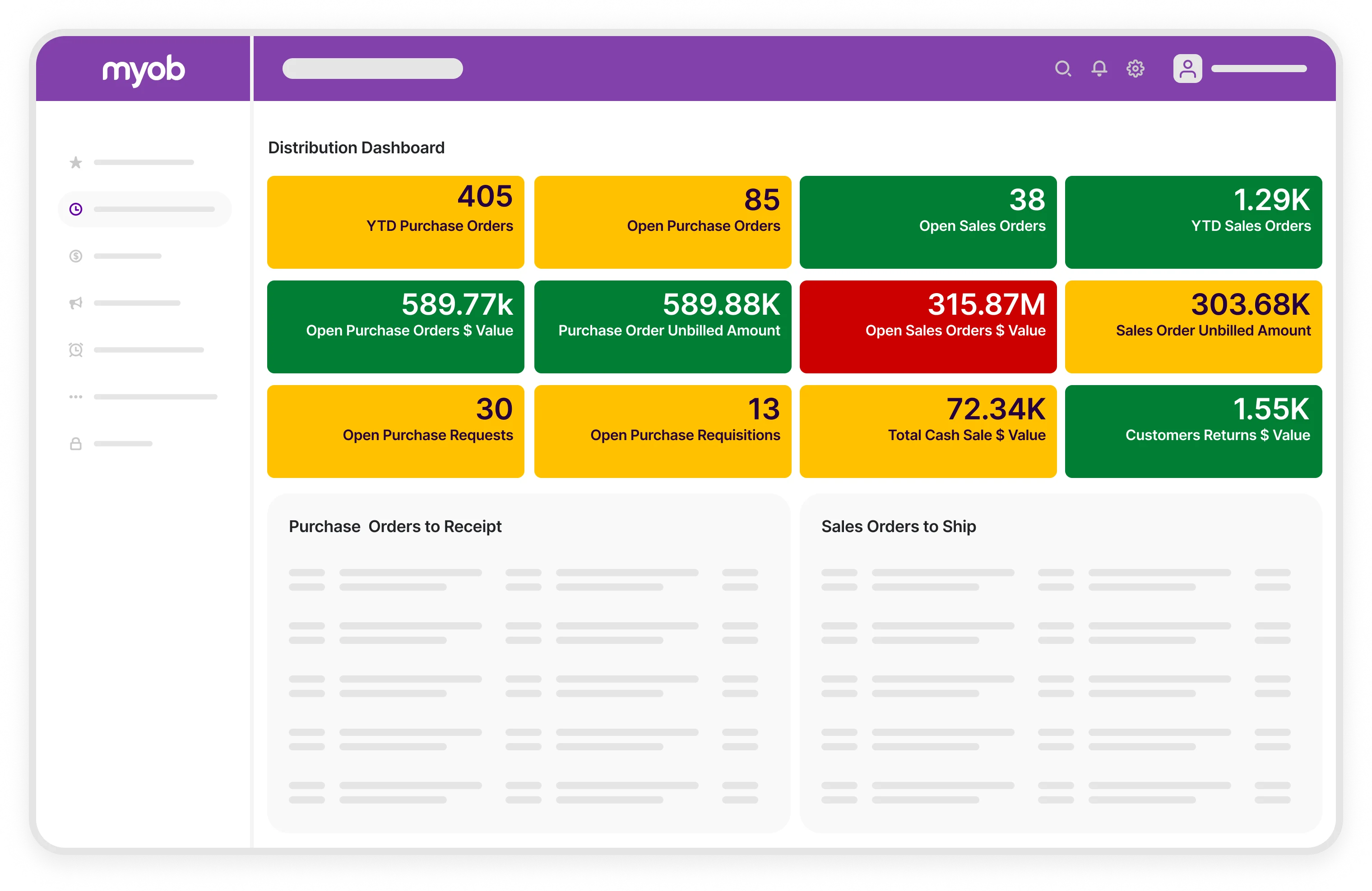 A screenshot of the MYOB Advanced Business dashboard, focusing on inventory management information.