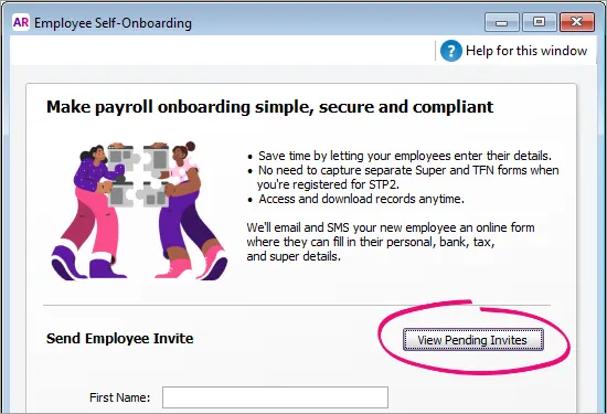 Example self-onboarding window with view pending invites button highlighted