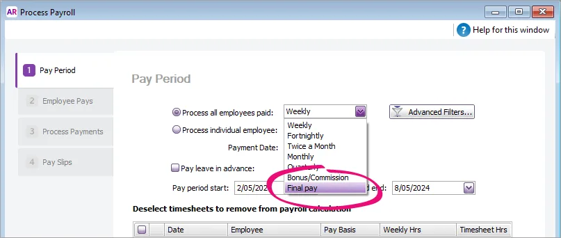Example pay run with final pay highlighted
