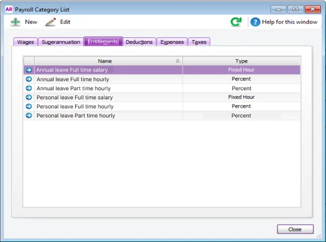 Example list of default entitlement categories