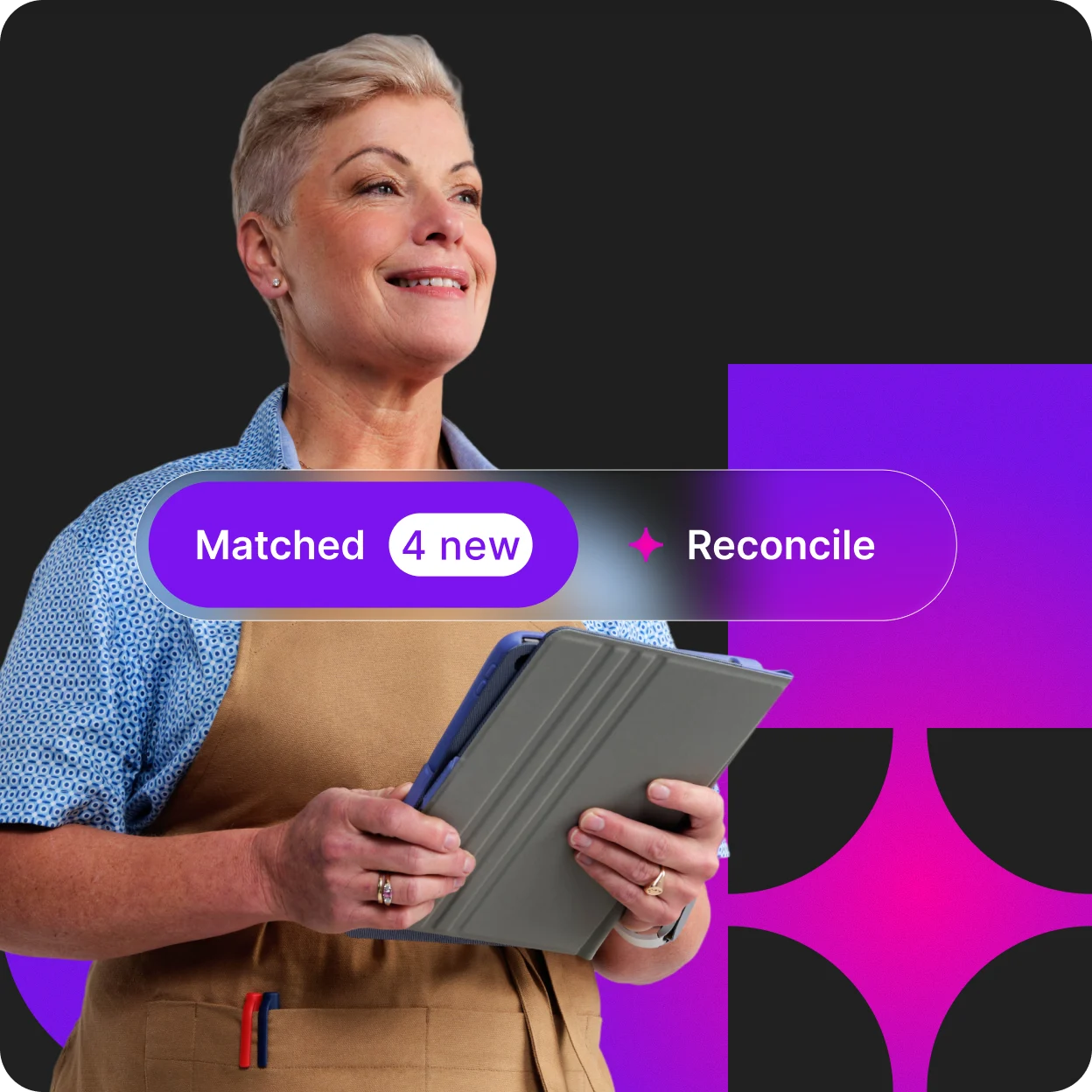 Person with short blonde hair in blue shirt holding clipboard against dark background with purple interface elements.