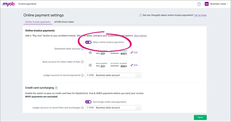 Online invoice payments portal with service option highlighted