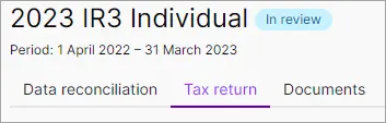 The top of a tax return page showing a 2023 IR3 Individual title, In review status, Period date range and the tabs Data reconciliation, Tax return and Documents.  