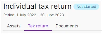 The top of a tax return page showing an Individual tax return title, Not started status, Period date range and the tabs Assets, Tax return and Documents.  