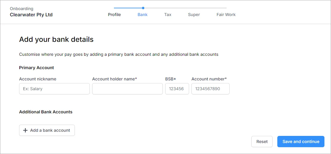 Example bank details tab