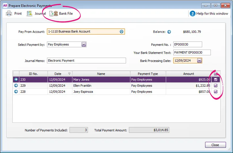 Example electronic payment screen with selected payments and bank file button highlighted
