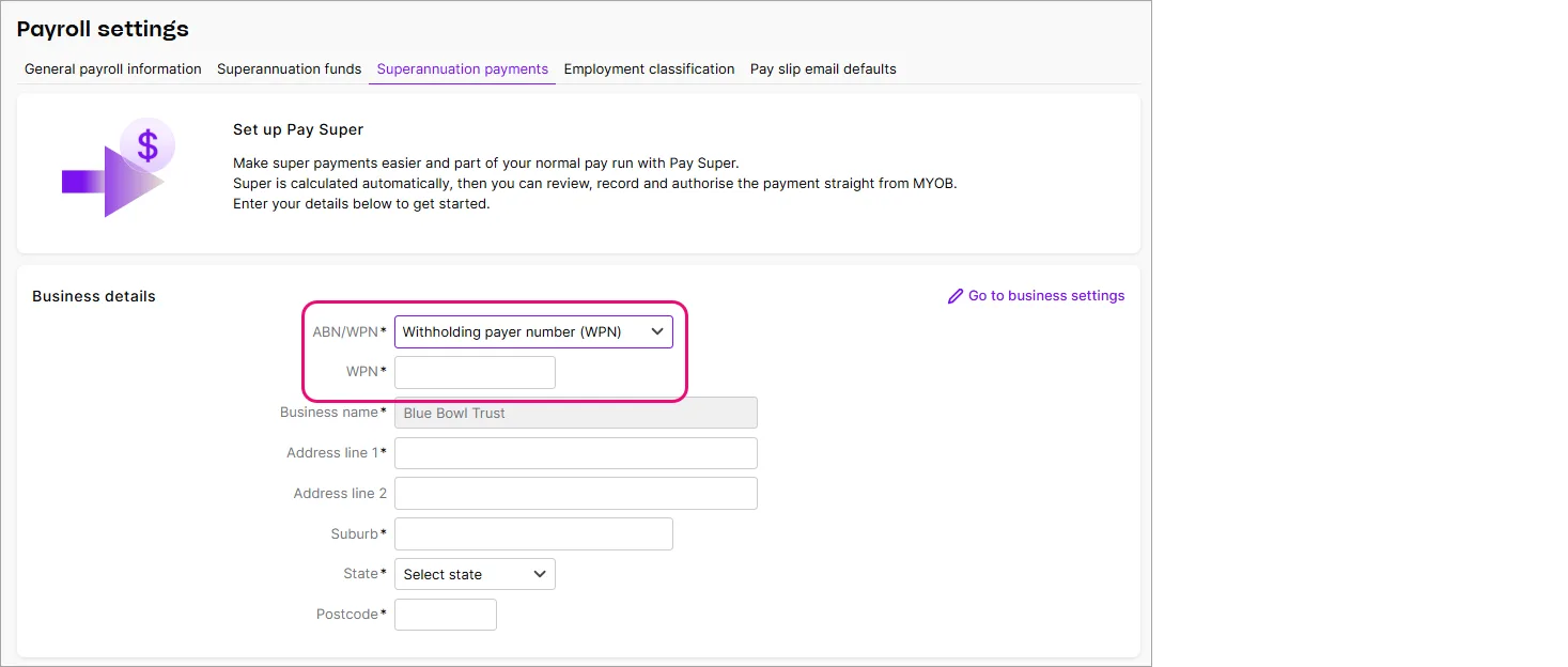 Example Pay Super setup with WPN field highlighted