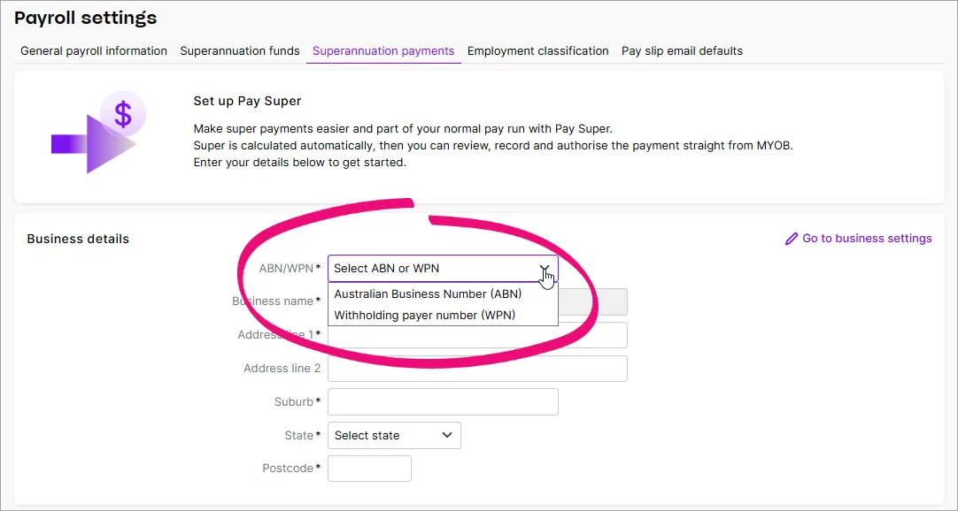 Example Pay Super setup with WPN field highlighted