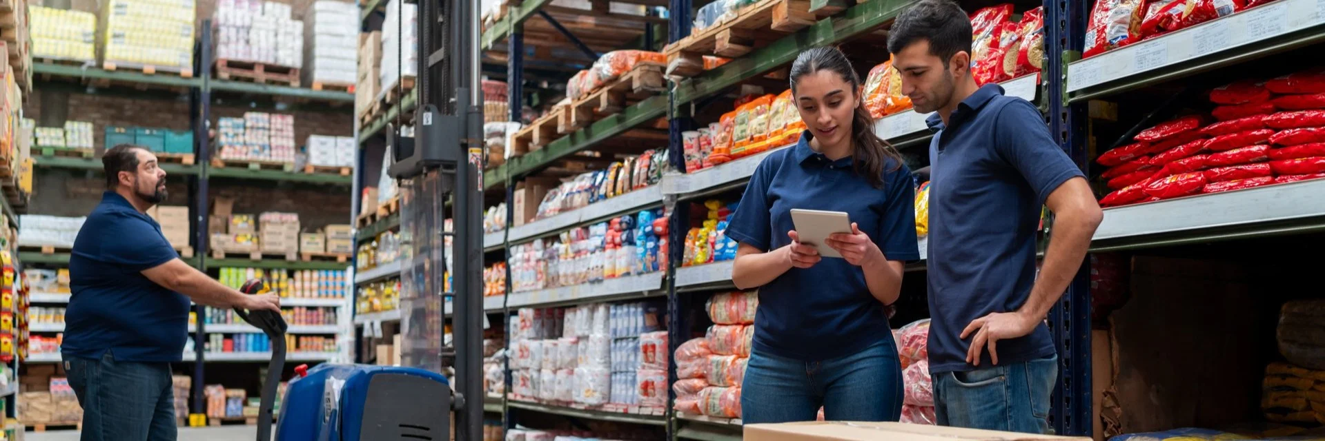 Workers in blue uniforms checking inventory on tablet in warehouse with stocked shelves and forklift nearby.