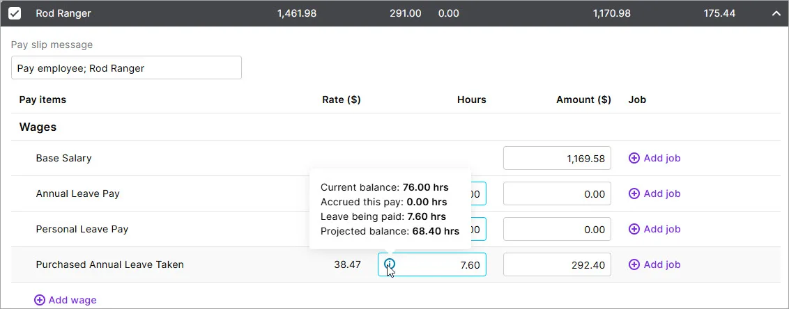 Example employee pay with mouse hovering over info icon displaying leave balance