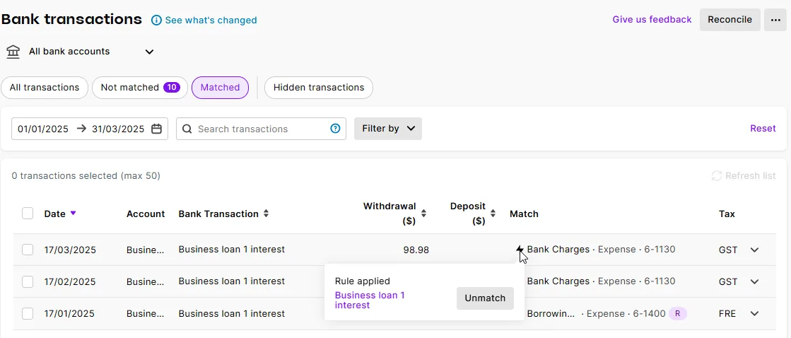 Rule automatically applied to a transaction
