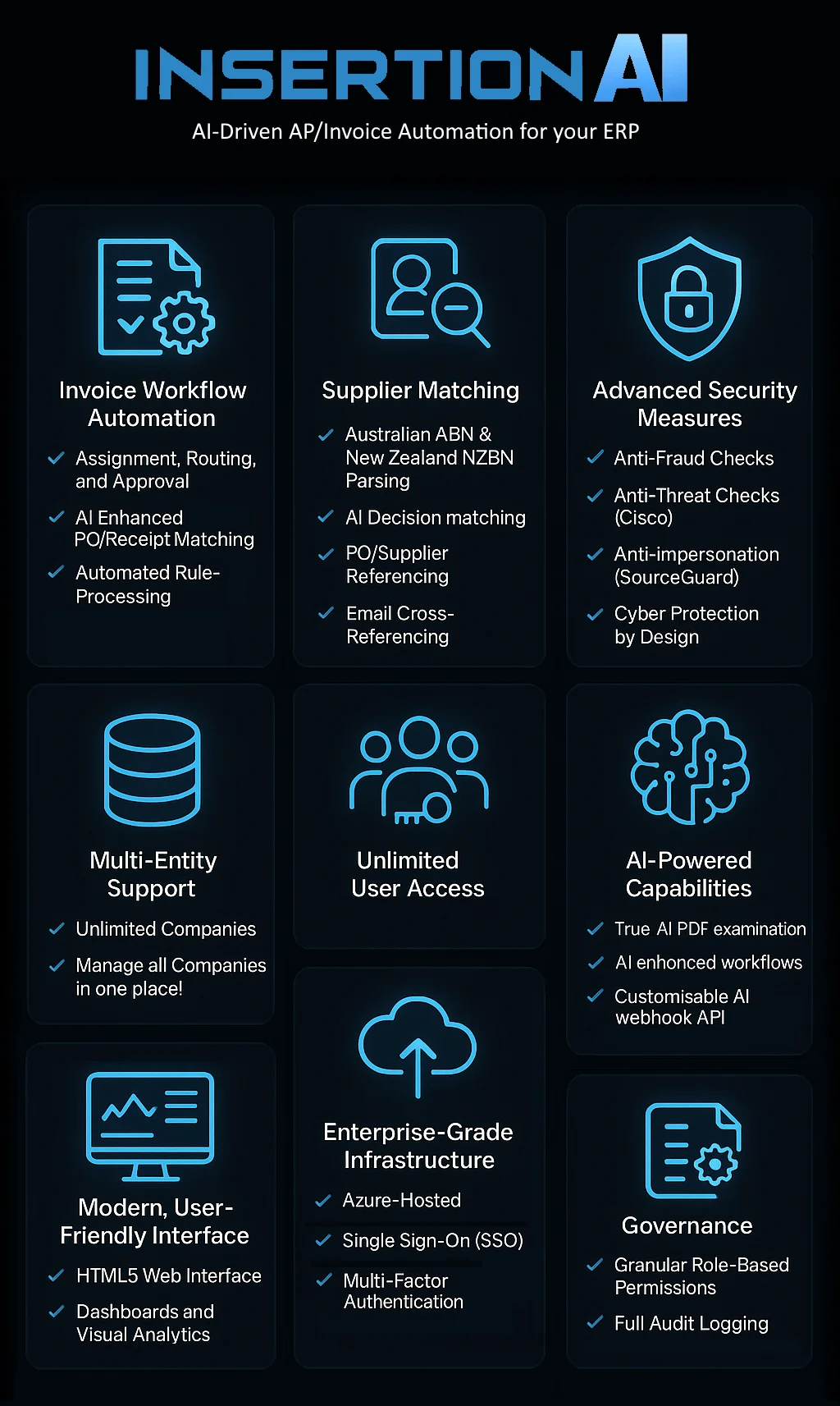 At Insertion AI, we offer advanced AI-driven features. Advanced Workflows that streamline your invoice processing, enhance accuracy, and protect your business from fraud. Our AI-powered platform automates and optimises key AP tasks, making your invoicing process faster, more secure, and more reliable.

AI-Driven Intelligent Workflows
At Insertion AI our back-end processing is built to handle complex tasks with speed and precision. By leveraging artificial intelligence, we deliver highly efficient workflows that allow for automated data extraction, validation, and categorisation, and matching, all while minimising human intervention and enhancing accuracy. With these intelligent workflows, we help streamline your invoice processing and optimise business performance.

Data Integration
Insertion AI is designed for seamless integration with MYOB Acumatica, enabling smooth data exchange and enhancing your existing implementation. Our solution ensures a flawless, native-like integration, keeping your operations efficient with real-time data updates and streamlined business processes, regardless of the system you use.

Adaptability
Insertion AI offers unparalleled flexibility to accommodate a variety of business structures. Whether your organisation consists of multiple entities in one MYOB tenant, multiple MYOB tenants, or under a single MYOB tenant, our platform allows you to manage accounts payable functions across all entities with ease and in one place.

Security
At Insertion AI, we are committed to maintaining the highest levels of security and privacy for our clients. We understand that data protection is a top priority for businesses, and we implement a multi-layered security approach to ensure your sensitive information remains safe from threats.

The home of SourceGuard
At Insertion AI, we check all documents with SourceGuard our in-house innovation. These checks ensure that each supplier invoice comes from a verified and trusted source, providing an additional layer of security to prevent impersonation and unauthorised transactions. We understand the importance of staying ahead in today’s fast-paced digital world and are committed to proactively protecting against potential threats.

Anti-Threat Protection
We understand that malicious activity poses a significant risk when processing sensitive documents like invoices. To mitigate this risk, every invoice document is scanned by our internal anti-threat system, a state-of-the-art anti-virus/anti-malware solution powered by Cisco Systems.

Azure Infrastructure
Insertion AI is hosted on Microsoft Azure, one of the most reliable and secure cloud platforms in the industry. By leveraging Azure’s robust infrastructure, we guarantee high availability, scalability, and top-tier security for all our services. With Azure’s global network of data centers, we ensure consistent performance and resilience regardless of your business’s location.

Permissions
Insertion AI provides granular access control, enabling administrative users to control access levels for accounts payable staff and business stakeholders in all areas of the system. Permissions can be customised to provide varying levels of access, even by company or department, ensuring that only authorised users can view or modify specific data. This flexibility ensures that your security and operational protocols are maintained throughout the invoicing process.

Audit & Logging
Insertion AI maintains detailed logs of all actions taken within the system, whether by users or automated workflows. This feature enables easy tracking and accountability, so you can monitor the entire lifecycle of an invoice or run reports on bulk actions.

Data & Reporting
Insertion AI offers comprehensive data visualisation tools that allow you to monitor, filter, and sort invoices with ease. Dashboards and customisable screens present key financial metrics in an intuitive format, making it simple for your team to analyse your invoicing data and spot trends.