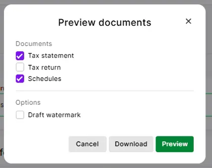 Preview documents options showing Tax statement, Tax return, Schedules and Draft watermark