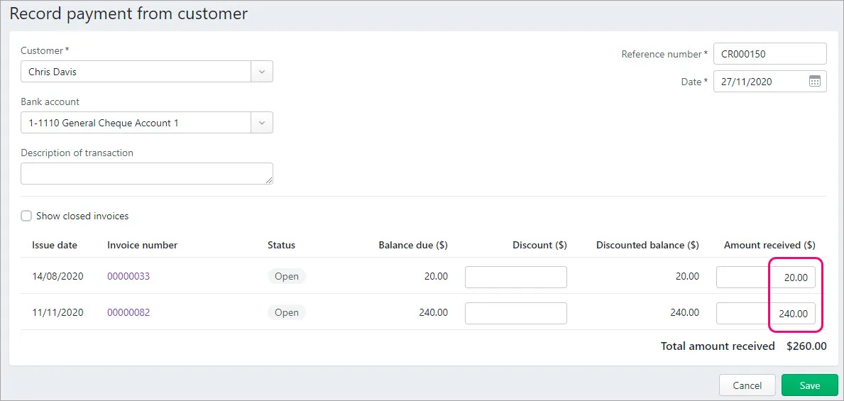 Payments applied to invoices