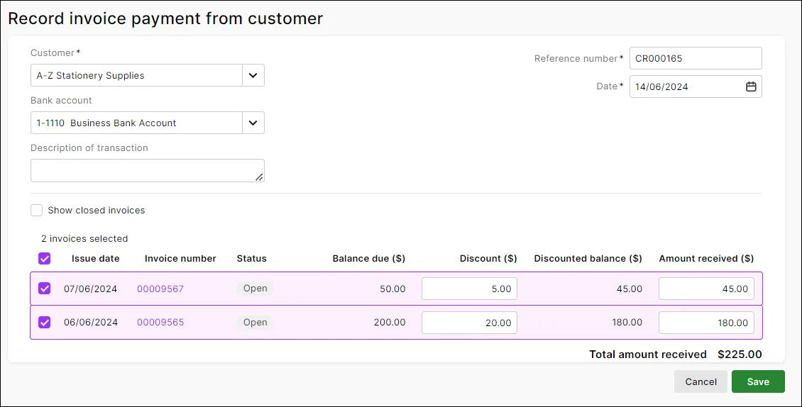 Payments applied to invoices