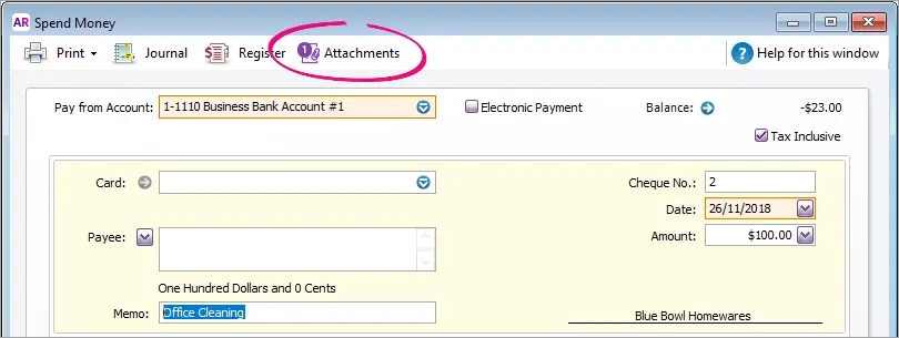 Spend money window with attachments button highlighted