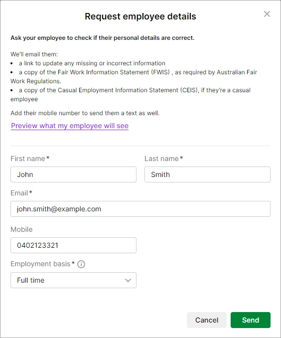 Example review employee details screen