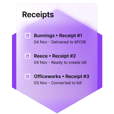 MYOB interface showing a feed of receipts from key suppliers.