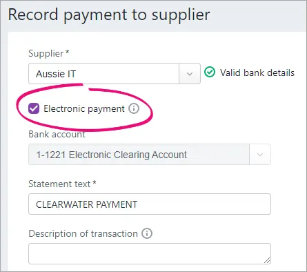 Record payment to supplier screen with electronic payment option selected and highlighted