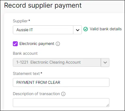 Record payment to supplier screen with electronic payment option selected and highlighted