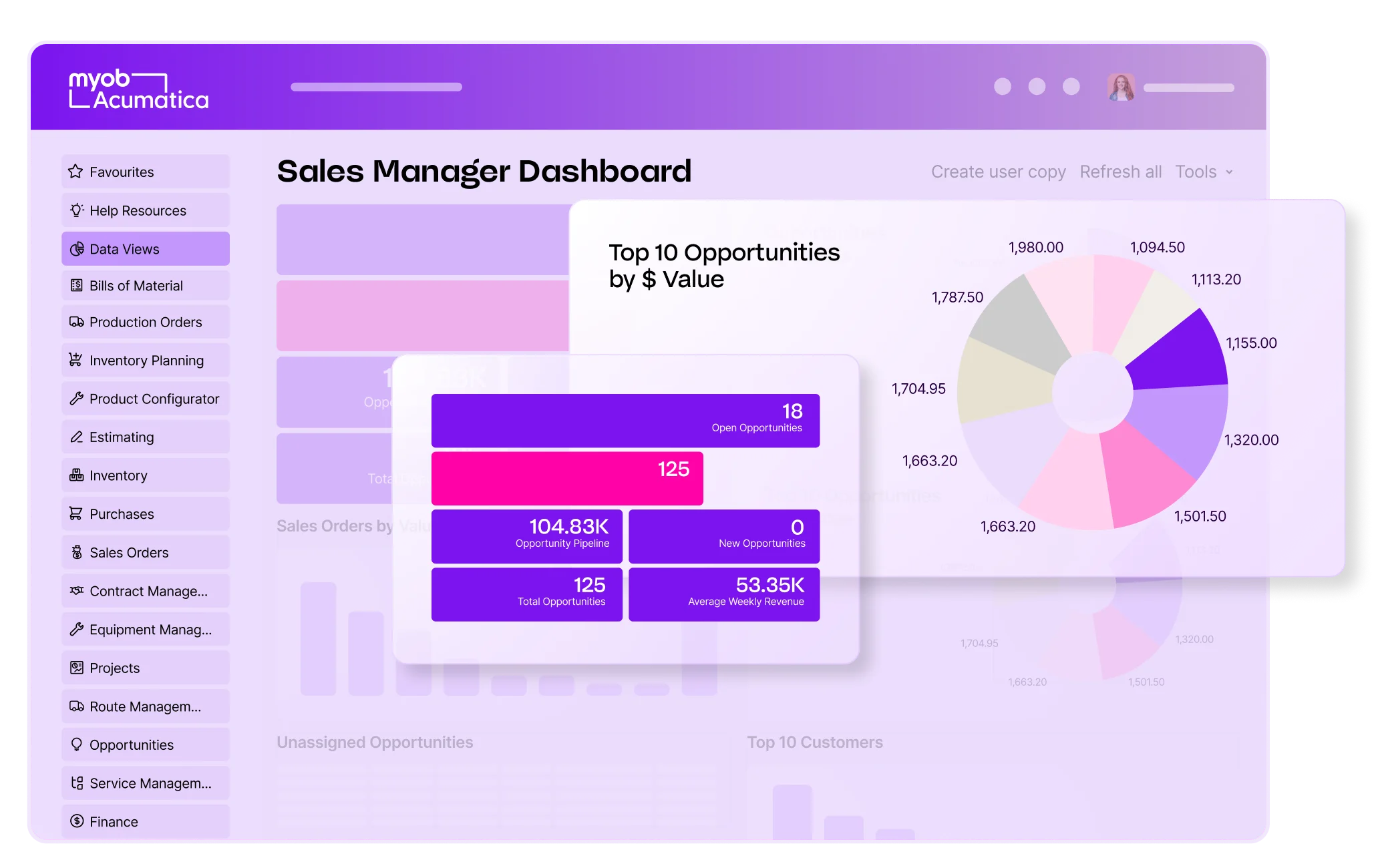 MYOB Acumatica Sales Manager Dashboard showing opportunity metrics and a colorful pie chart of top 10 opportunities by value.