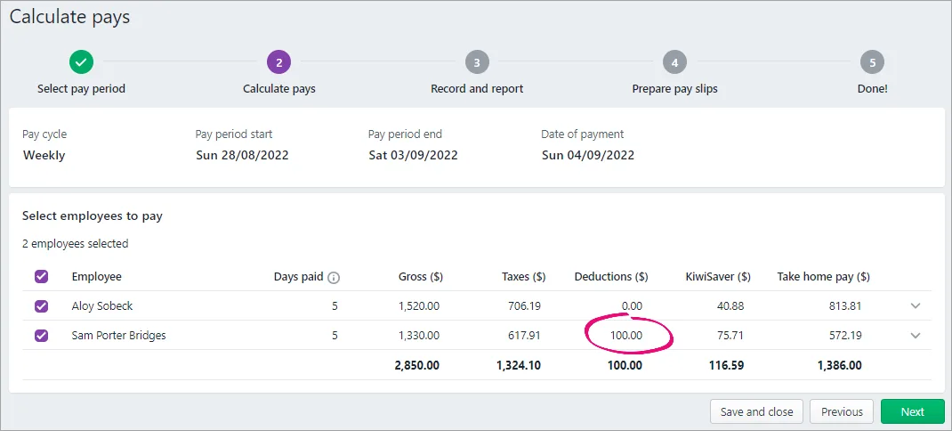 Pay run with deduction highlighted