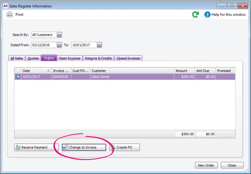 Example sales register window with invoice clicked and change to invoice button highlighted