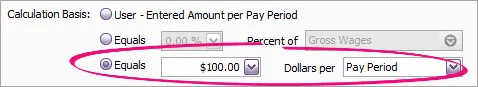 Example setup with 100 dollars per pay highlighted