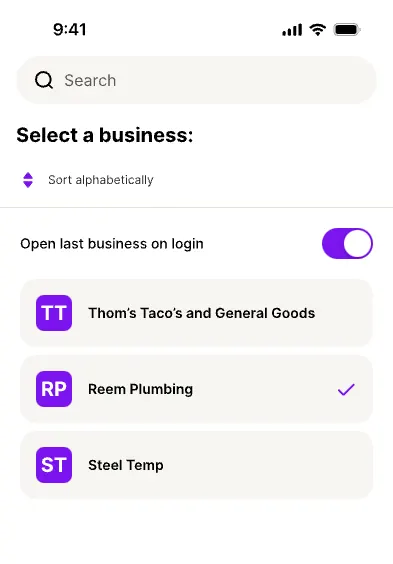 Switch business page showing Open last business on login option selected