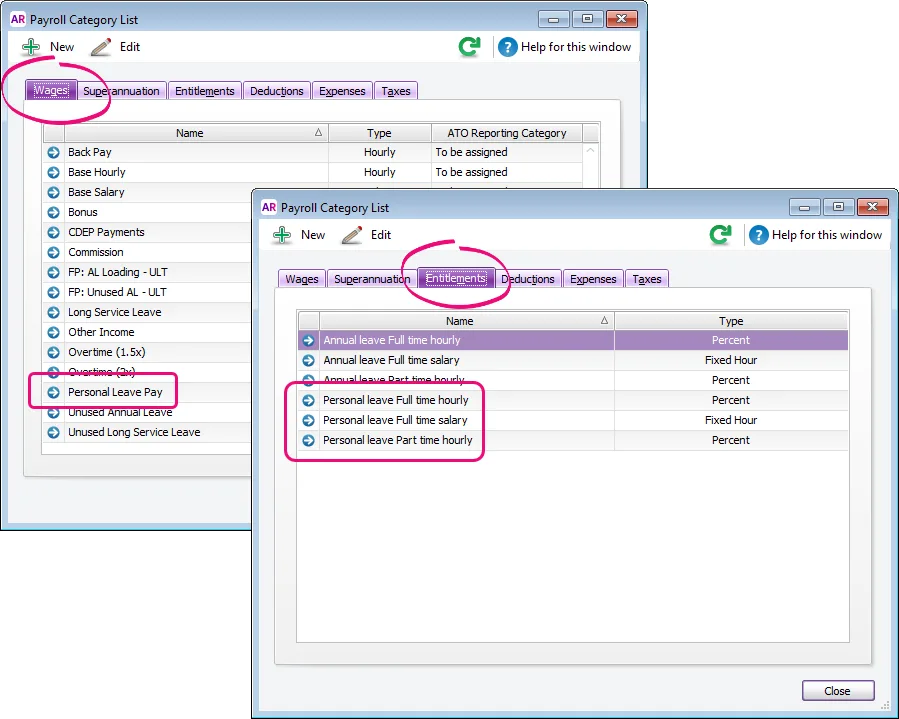 Personal leave wage and entitlement categories highlighted