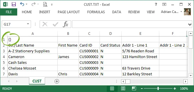 Import file in excel showing brackets in the beginning of the file