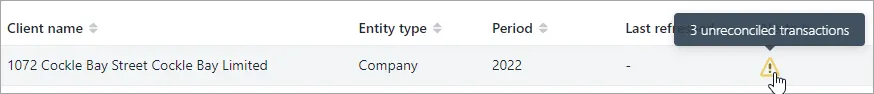 Data reconciliation page's Client name, Entity type, Period, Last refreshed and Alerts displayed, with the cursor hovering over Alerts and a popup reading '3 unreconciled transactions'.