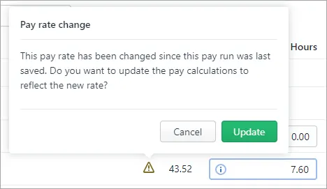Pay run alert for pay item rate change