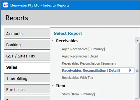 Go to the Reports menu > Index to Reports > Sales > Receivables Reconciliation [Detail]