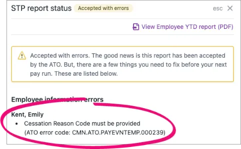 Condeco Error Message Single Touch Payroll reporting error: Accepted with errors