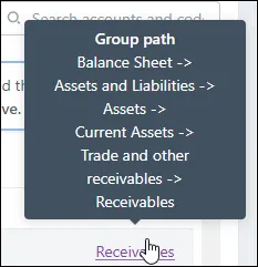 Cursor over Receivables link with a pop-up showing the Group path.