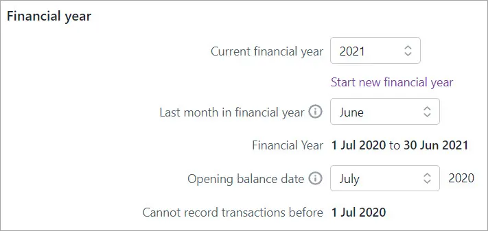 Example financial year settings