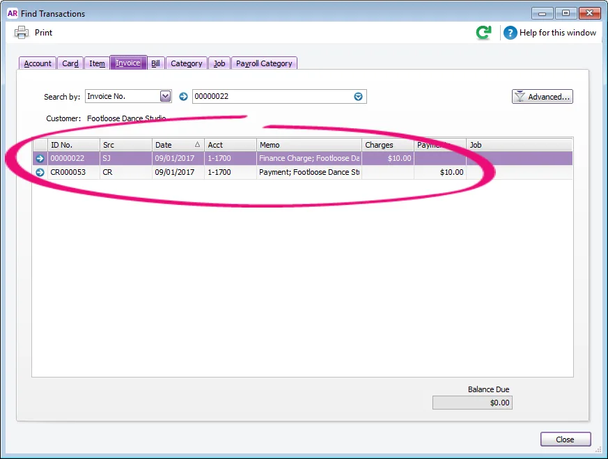 Open invoice with finance charge