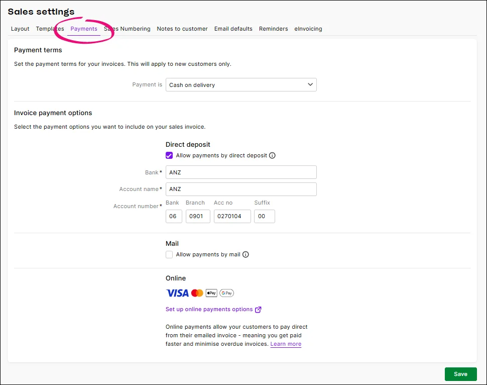 Payments tab of the sales settings page